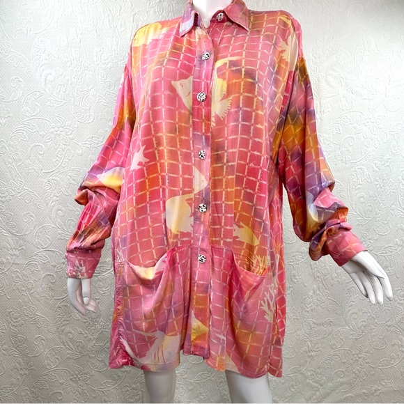 Paul M Ropp 70s VTG Oversized Batik Button Down Fish Tunic - Picture 1 of 15
